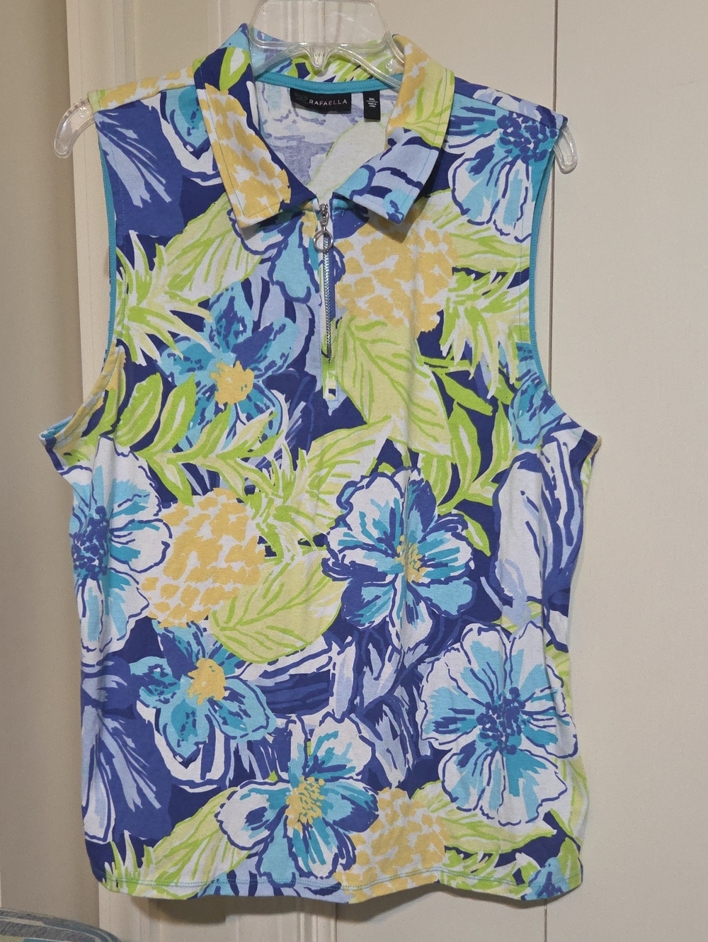 Rafaella Sleeveless Zip Polo in Blue, Aqua & Lime Floral